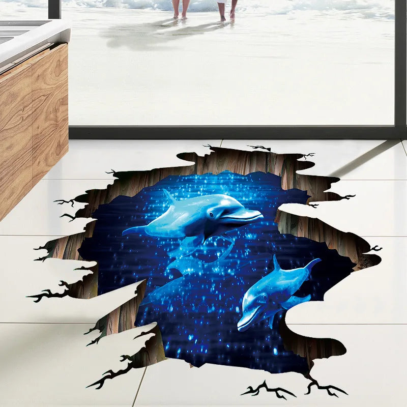 3D Dark Blue Dream Dolphin Floor Sticker Bathroom