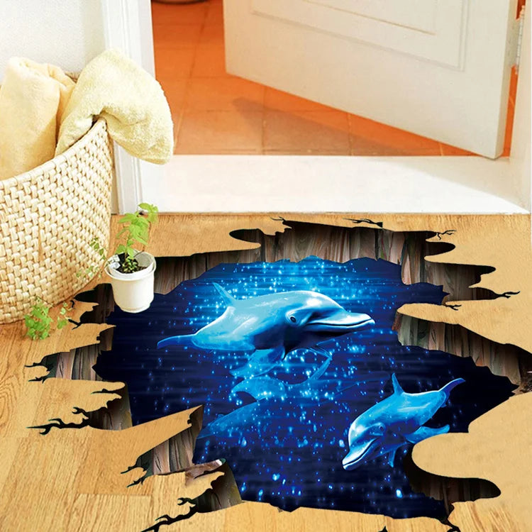 3D Dark Blue Dream Dolphin Floor Sticker Bathroom