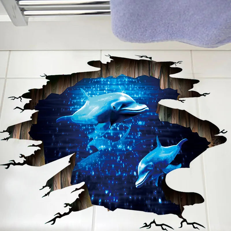 3D Dark Blue Dream Dolphin Floor Sticker Bathroom