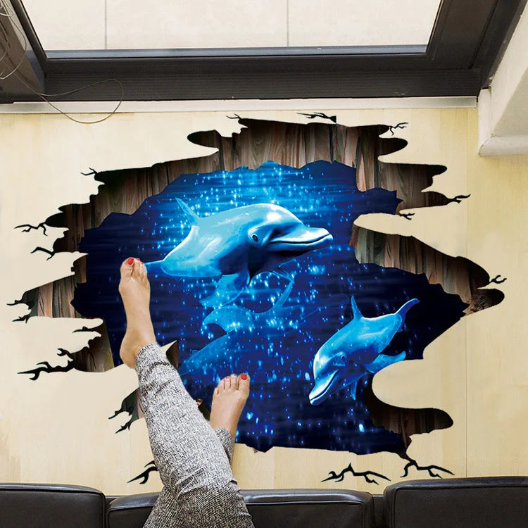 3D Dark Blue Dream Dolphin Floor Sticker Bathroom