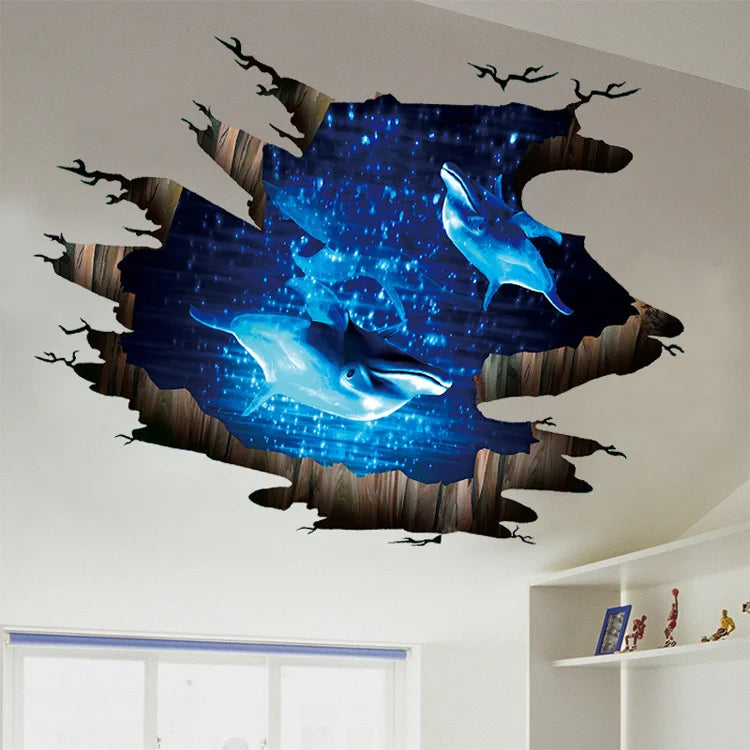 3D Dark Blue Dream Dolphin Floor Sticker Bathroom