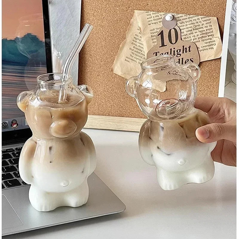 Cartoon Bear Shaped Coffee Mug with Straw Glasses