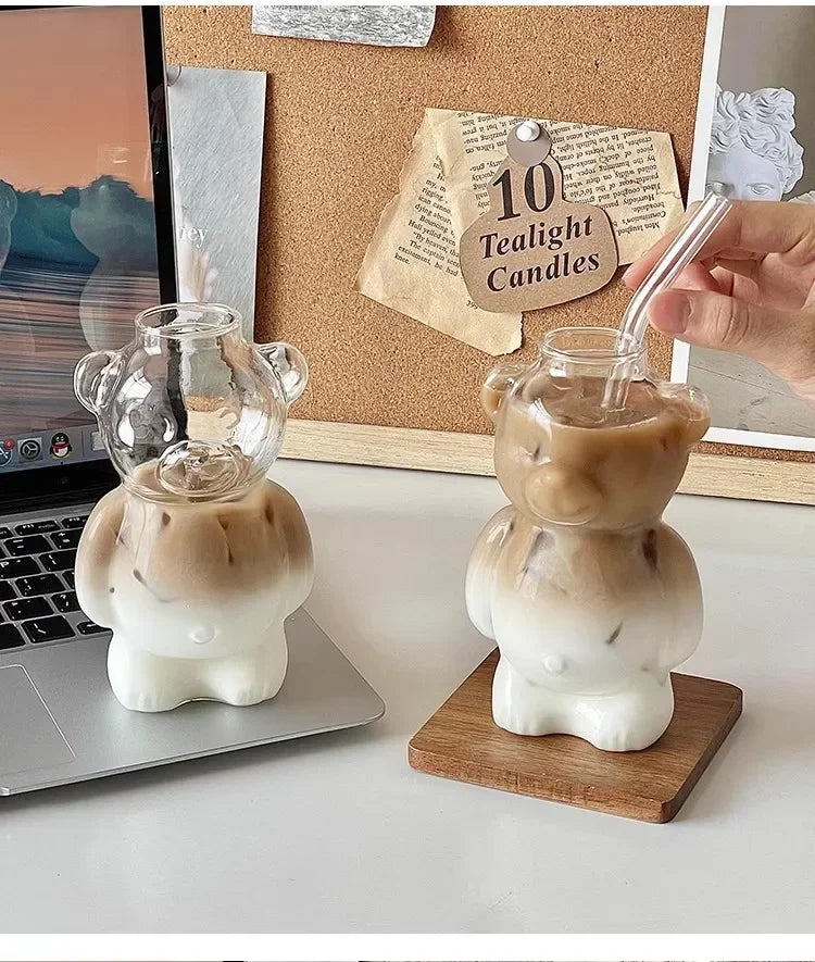 Cartoon Bear Shaped Coffee Mug with Straw Glasses