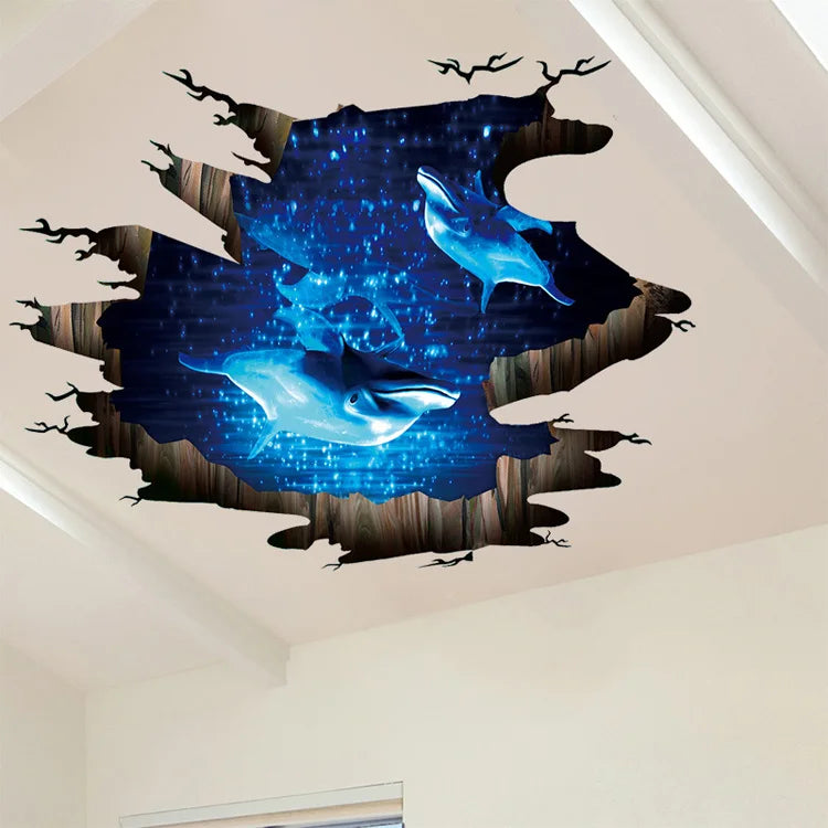 3D Dark Blue Dream Dolphin Floor Sticker Bathroom