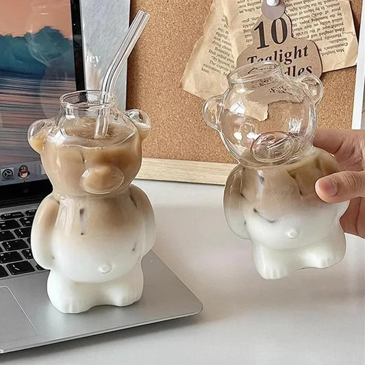 Cartoon Bear Shaped Coffee Mug with Straw Glasses